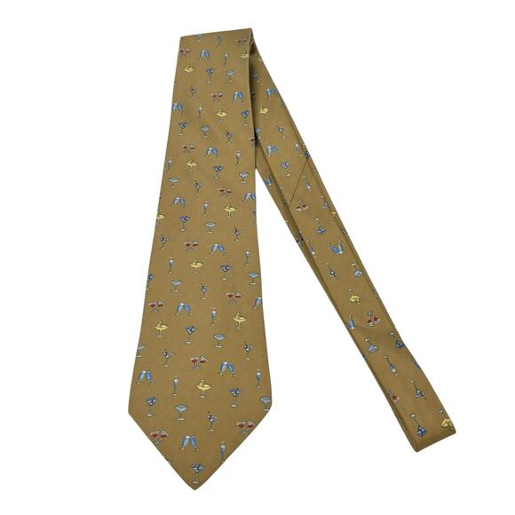 Salvatore Ferragamo Tan Multicolor Martini Cocktail Print Mens Tie - Picture 1 of 5
